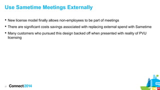 Use Sametime Meetings Externally
 New license model finally allows non-employees to be part of meetings
 There are significant costs savings associated with replacing external spend with Sametime
 Many customers who pursued this design backed off when presented with reality of PVU
licensing

27

 
