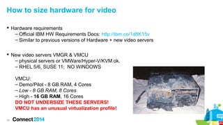 How to size hardware for video
 Hardware requirements
– Official IBM HW Requirements Docs: http://ibm.co/1d8K15v
– Similar to previous versions of Hardware + new video servers
 New video servers VMGR & VMCU
– physical servers or VMWare/Hyper-V/KVM ok.
– RHEL 5/6, SUSE 11; NO WINDOWS
VMCU:
– Demo/Pilot - 8 GB RAM, 4 Cores
– Low - 8 GB RAM, 8 Cores
– High - 16 GB RAM, 16 Cores
DO NOT UNDERSIZE THESE SERVERS!
VMCU has an unusual virtualization profile!
38

 