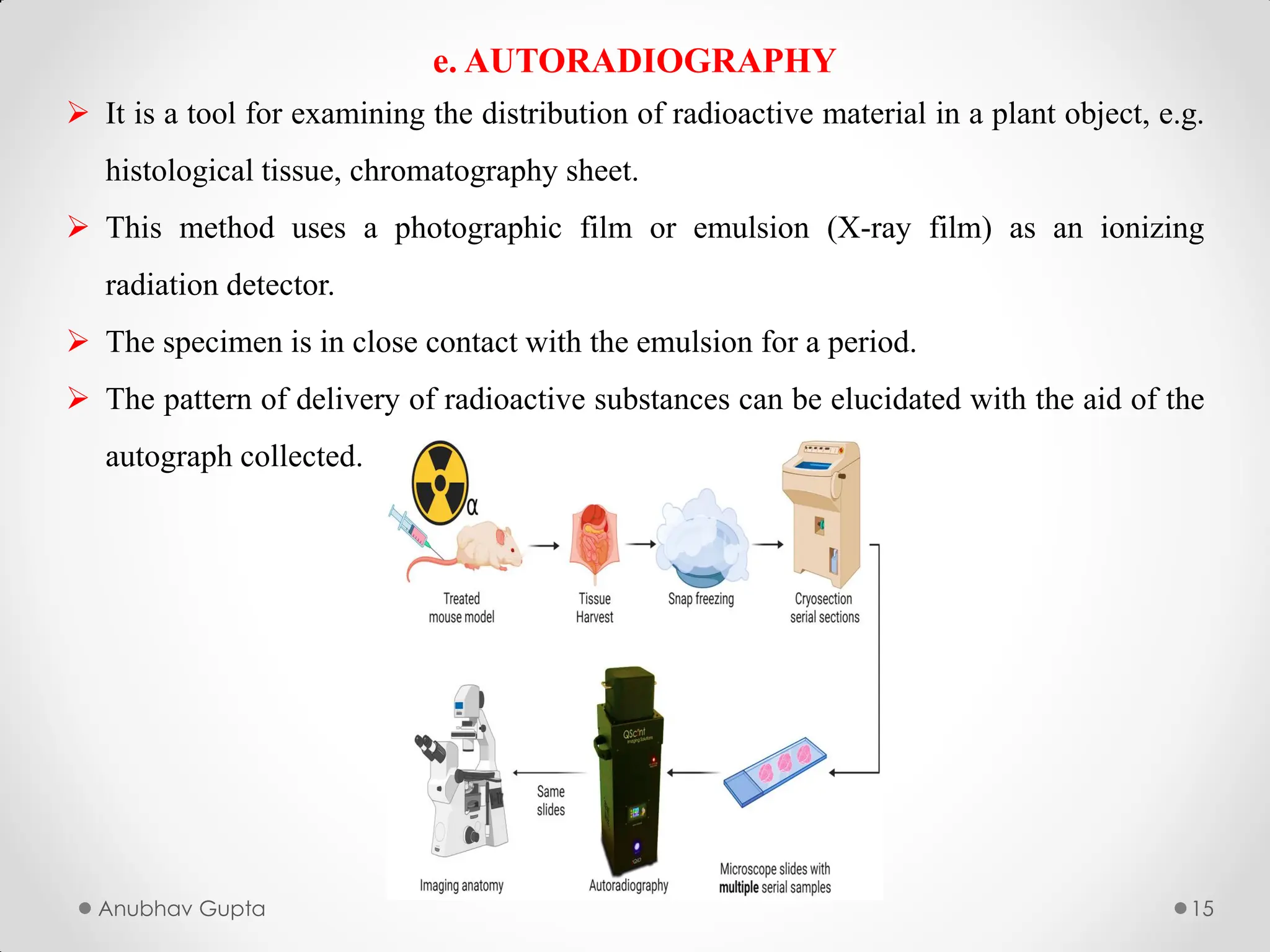 Anubhav Gupta 15
e. AUTORADIOGRAPHY
 It is a tool for examining the distribution of radioactive material in a plant object, e.g.
histological tissue, chromatography sheet.
 This method uses a photographic film or emulsion (X-ray film) as an ionizing
radiation detector.
 The specimen is in close contact with the emulsion for a period.
 The pattern of delivery of radioactive substances can be elucidated with the aid of the
autograph collected.
 