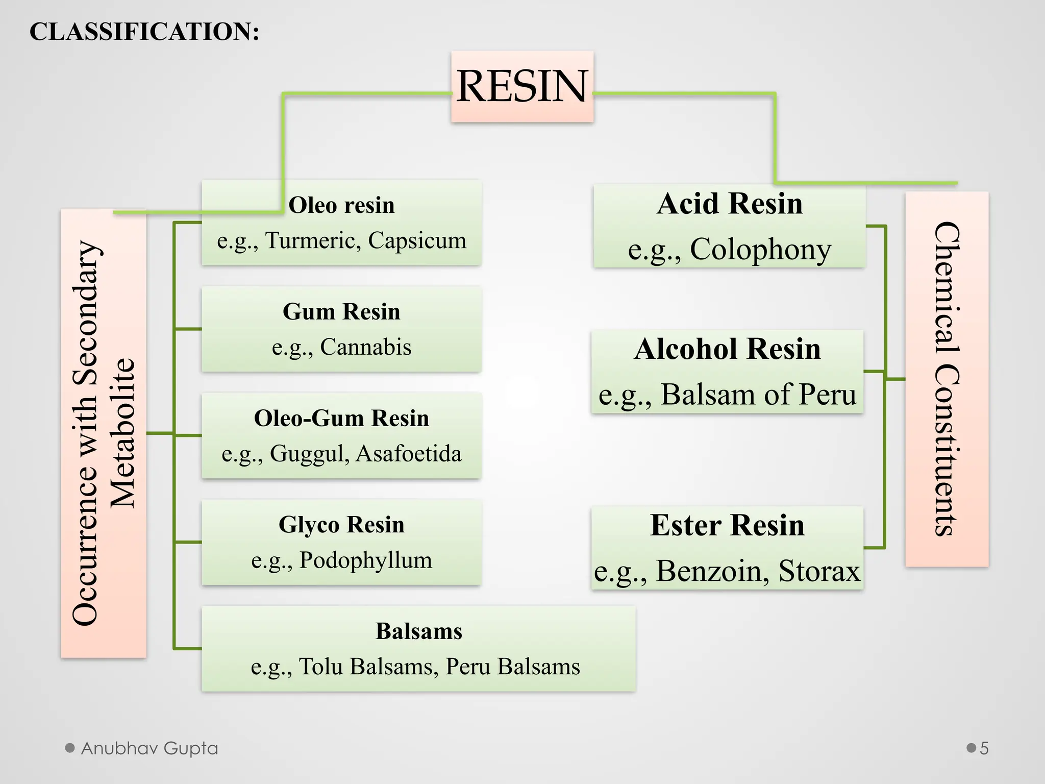 Anubhav Gupta 5
CLASSIFICATION:
RESIN
Occurrence
with
Secondary
Metabolite
Oleo resin
e.g., Turmeric, Capsicum
Gum Resin
e.g., Cannabis
Oleo-Gum Resin
e.g., Guggul, Asafoetida
Glyco Resin
e.g., Podophyllum
Balsams
e.g., Tolu Balsams, Peru Balsams
Chemical
Constituents
Acid Resin
e.g., Colophony
Alcohol Resin
e.g., Balsam of Peru
Ester Resin
e.g., Benzoin, Storax
 