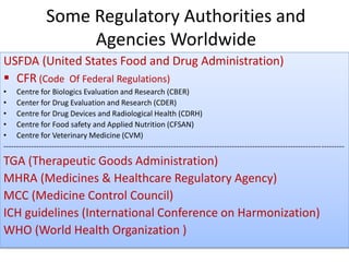 Some Regulatory Authorities and
Agencies Worldwide
USFDA (United States Food and Drug Administration)
 CFR (Code Of Federal Regulations)
• Centre for Biologics Evaluation and Research (CBER)
• Center for Drug Evaluation and Research (CDER)
• Centre for Drug Devices and Radiological Health (CDRH)
• Centre for Food safety and Applied Nutrition (CFSAN)
• Centre for Veterinary Medicine (CVM)
--------------------------------------------------------------------------------------------------------------------------------------
TGA (Therapeutic Goods Administration)
MHRA (Medicines & Healthcare Regulatory Agency)
MCC (Medicine Control Council)
ICH guidelines (International Conference on Harmonization)
WHO (World Health Organization )
 