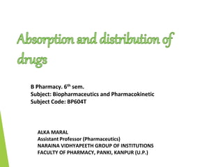 B Pharmacy. 6th
sem.
Subject: Biopharmaceutics and Pharmacokinetic
Subject Code: BP604T
ALKA MARAL
Assistant Professor (Pharmaceutics)
NARAINA VIDHYAPEETH GROUP OF INSTITUTIONS
FACULTY OF PHARMACY, PANKI, KANPUR (U.P.)
 