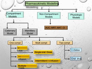 Pharmacokinetic Modelling
Compartment
Models
Non-Compartment
Models
Physiologic
Models
Caternary
Model
Mamillary
Model
AUC, MRT, MAT, Cl
One compt
i v
bolus
i v
infusion
Multiple
doses
Multi compt Two compt
Single oral Dose
Intermittent i v infusion
i v bolus
Oral drug
 