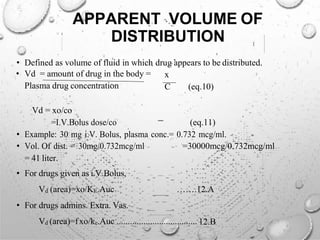 APPARENT VOLUME OF
DISTRIBUTION
• Defined as volume of fluid in which drug appears to be distributed.
• Vd = amount of drug in the body =
Plasma drug concentration
x
C (eq.10)
Vd = xo/co
=I.V.Bolus dose/co (eq.11)
• Example: 30 mg i.V. Bolus, plasma conc.= 0.732 mcg/ml.
• Vol. Of dist. = 30mg/0.732mcg/ml
= 41 liter.
• For drugs given as i.V.Bolus,
Vd (area)=xo/KE.Auc
• For drugs admins. Extra. Vas.
=30000mcg/0.732mcg/ml
…….12.A
Vd (area)=fxo/ke.Auc .................................... 12.B
 
