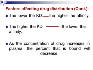 Factors affecting drug distribution (Cont.):
 The lower the KD the higher the affinity.
 The higher the KD the lower the
affinity.
 As the concentration of drug increases in
plasma, the percent that is bound will
decrease.
 
