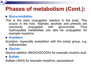 Phases of metabolism (Cont.):
 Glucuronidation
This is the main conjugation reaction in the body. This
occurs in the liver. Aliphatic alcohols and phenols are
commonly conjugated with glucuronide. Thus
hydroxylated metabolites can also be conjugated. for
example morphine
 Acylation
Acylation, especially acetylation with the acetyl group, e.g.
sulfonamides
 Glycine
Glycine addition (NH2CH2COOH) for example nicotinic acid
 Sulfate
Sulfate (-SO4) for example morphine, paracetamol
 