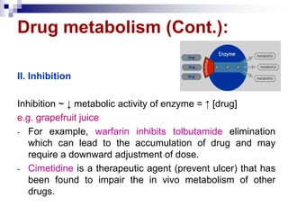 Drug metabolism (Cont.):
II. Inhibition
Inhibition ~ ↓ metabolic activity of enzyme = ↑ [drug]
e.g. grapefruit juice
- For example, warfarin inhibits tolbutamide elimination
which can lead to the accumulation of drug and may
require a downward adjustment of dose.
- Cimetidine is a therapeutic agent (prevent ulcer) that has
been found to impair the in vivo metabolism of other
drugs.
 