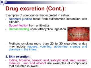 Drug excretion (Cont.):
Examples of compounds that excreted in saliva:
- Neonatal jundice result from sulfonamide interaction with
bilirubin.
- Superinfection from antibiotics.
- Dental mottling upon tetracycline ingestion.
- Mothers smoking more than 20 to 30 cigarettes a day
may induce nausea, vomiting, abdominal cramps and
diarrhea in the infant.
5. Skin excretion:
- Iodine, bromine, benzoic acid, salicylic acid, lead, arsenic
mercury , iron and alcohol are examples of compounds
that excreted in sweat.
 