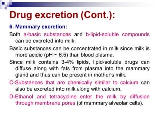 Drug excretion (Cont.):
6. Mammary excretion:
Both a-basic substances and b-lipid-soluble compounds
can be excreted into milk.
Basic substances can be concentrated in milk since milk is
more acidic (pH ~ 6.5) than blood plasma.
Since milk contains 3-4% lipids, lipid-soluble drugs can
diffuse along with fats from plasma into the mammary
gland and thus can be present in mother's milk.
C-Substances that are chemically similar to calcium can
also be excreted into milk along with calcium.
D-Ethanol and tetracycline enter the milk by diffusion
through membrane pores (of mammary alveolar cells).
 