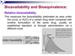 Bioavailability and Bioequivalence:
Relative bioavailability:
This measures the bioavailability (estimated as area under
the curve, or AUC) of a certain drug when compared with
another formulation of the same drug, usually an
established standard, or through administration via a
different route.
 