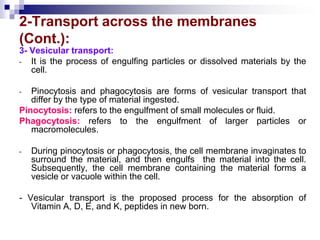 2-Transport across the membranes
(Cont.):
3- Vesicular transport:
- It is the process of engulfing particles or dissolved materials by the
cell.
- Pinocytosis and phagocytosis are forms of vesicular transport that
differ by the type of material ingested.
Pinocytosis: refers to the engulfment of small molecules or fluid.
Phagocytosis: refers to the engulfment of larger particles or
macromolecules.
- During pinocytosis or phagocytosis, the cell membrane invaginates to
surround the material, and then engulfs the material into the cell.
Subsequently, the cell membrane containing the material forms a
vesicle or vacuole within the cell.
- Vesicular transport is the proposed process for the absorption of
Vitamin A, D, E, and K, peptides in new born.
 