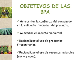 OBJETIVOS DE LAS
        BPA
 Acrecentar la confianza del consumidor
en la calidad e inocuidad del producto.

 Minimizar el impacto ambiental.

Racionalizar el uso de productos
fitosanitarios.

Racionalizar el uso de recursos naturales
(
(suelo y agua).
 