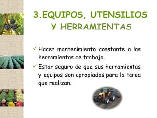 3.EQUIPOS, UTENSILIOS
   Y HERRAMIENTAS

 Hacer mantenimiento constante a las
  herramientas de trabajo.
 Estar seguro de que sus herramientas
  y equipos son apropiados para la tarea
  que realizan.
 