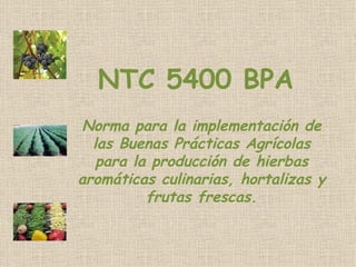 NTC 5400 BPA
 Norma para la implementación de
  las Buenas Prácticas Agrícolas
   para la producción de hierbas
aromáticas culinarias, hortalizas y
          frutas frescas.
 