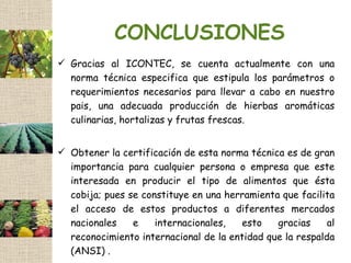 CONCLUSIONES
 Gracias al ICONTEC, se cuenta actualmente con una
  norma técnica especifica que estipula los parámetros o
  requerimientos necesarios para llevar a cabo en nuestro
  pais, una adecuada producción de hierbas aromáticas
  culinarias, hortalizas y frutas frescas.


 Obtener la certificación de esta norma técnica es de gran
  importancia para cualquier persona o empresa que este
  interesada en producir el tipo de alimentos que ésta
  cobija; pues se constituye en una herramienta que facilita
  el acceso de estos productos a diferentes mercados
  nacionales    e    internacionales,  esto    gracias     al
  reconocimiento internacional de la entidad que la respalda
  (ANSI) .
 