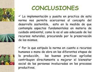 CONCLUSIONES
 La implementación y puesta en practica de esta
norma nos permite acercarnos al concepto del
desarrollo sostenible, esto en la medida de que
contempla aspectos fundamentales en materia de
cuidado ambiental, como lo es el uso adecuado de los
recursos naturales, procurando por la preservación
de los mismos.

 Por lo que estipula la norma en cuanto a recursos
humanos o mano de obra en las diferentes etapas de
la producción,     las buenas practicas agrícolas
contribuyen directamente a mejorar el bienestar
social de las personas involucradas en los procesos
productivos.
 