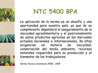 NTC 5400 BPA
La aplicación de la norma es un desafío y una
oportunidad para nuestro país, ya que de su
cumplimiento dependerá el aseguramiento de la
inocuidad agroalimentaria y el posicionamiento
de estos productos agrícolas en los mercados
actuales nacionales e internacionales, de altas
exigencias    en    materia    de    inocuidad,
conservación del medio ambiente, recursos
naturales requeridos para su producción y el
bienestar de los trabajadores.

Norma Tecnica Colombiana 5400, 2005
 