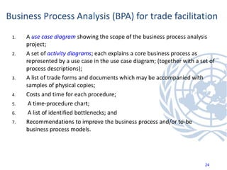 Business Process Analysis (BPA) for trade facilitation
1. A use case diagram showing the scope of the business process analysis
project;
2. A set of activity diagrams; each explains a core business process as
represented by a use case in the use case diagram; (together with a set of
process descriptions);
3. A list of trade forms and documents which may be accompanied with
samples of physical copies;
4. Costs and time for each procedure;
5. A time-procedure chart;
6. A list of identified bottlenecks; and
7. Recommendations to improve the business process and/or to-be
business process models.
24
 