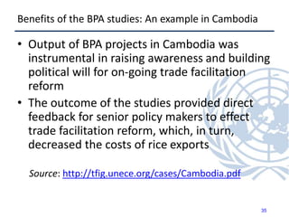 Benefits of the BPA studies: An example in Cambodia
• Output of BPA projects in Cambodia was
instrumental in raising awareness and building
political will for on-going trade facilitation
reform
• The outcome of the studies provided direct
feedback for senior policy makers to effect
trade facilitation reform, which, in turn,
decreased the costs of rice exports
Source: http://tfig.unece.org/cases/Cambodia.pdf
35
 