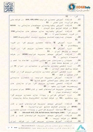 ‫سرویس‬ ‫سازمانی‬ ‫معماری‬ ‫مرجع‬ ‫آزمایشگاه‬‫گرا‬:http://soea.sbu.ac.ir
‫پویا‬ ‫سیستم‬ ‫کاریز‬ ‫معماری‬ ‫و‬ ‫طراحی‬ ‫بنیان‬ ‫دانش‬ ‫شرکت‬:http://karizsystem.ir‫صفحه‬3‫از‬
8
‫گرا‬–92
17.‫کارگاه‬‫آموزشی‬‫معراری‬‫فرايند‬BPA, BPR, BPM)‫در‬‫شرگت‬‫ملي‬
‫پیش‬‫فرآورده‬‫هاي‬‫یدتي‬–92
18.‫کارگاه‬‫آموزشی‬‫يکپارچه‬‫سازی‬‫سیستم‬‫های‬‫سازمایی‬‫با‬BizTalk
Server‫در‬‫شرکت‬‫توزيع‬‫برق‬‫کرمان‬–92
19.‫کارگاه‬‫آموزشی‬‫يکپارچه‬‫سازی‬‫سیستم‬‫های‬‫سازمایی‬ESB)
‫در‬‫گروه‬‫ایتیاب‬‫اسنوا‬)–92
20.‫الکتروییاک‬ ‫دولات‬ ‫پایيری‬ ‫تعاما‬ ‫چاارچوب‬ ‫سرینار‬eGIF)–
91
21.‫دوره‬‫آموزشی‬32‫ساعته‬‫معراری‬‫سرويس‬‫گرا‬‫در‬‫گروه‬
‫پیشگامان‬–91
22.‫دوره‬‫آموزشی‬20‫ساعته‬‫معراری‬‫سرويس‬‫گرا‬‫در‬‫گروه‬
‫توسعه‬‫و‬‫پژوهش‬‫ايران‬–91
23.‫کارگاه‬‫آموزشی‬‫سیستم‬‫مديريت‬‫فرايند‬BPMS)‫در‬‫شرکت‬
‫تاسیسا‬‫دريايی‬–91
24.‫سرینار‬‫راهبردهای‬‫هرراستايی‬‫فناوری‬‫اطالعا‬‫با‬‫کس‬‫و‬
‫کار‬‫در‬‫هرايش‬‫صنعت‬‫یدت‬–90
25.‫دوره‬‫تیصصی‬‫معراری‬‫سازمایی‬‫و‬‫مدلسازی‬‫در‬‫ار‬ ‫اب‬SA‫در‬
‫شرکت‬‫پااليش‬‫یدت‬‫آبادان‬–90
26.‫دوره‬‫تیصصی‬‫آموزشی‬‫معراری‬‫سازمایی‬‫سرويس‬‫گرا‬‫در‬‫شرکت‬
‫گاز‬‫سرخون‬‫و‬‫قشم‬–90
27.‫کارگاه‬‫آموزشی‬‫مديريت‬‫فرايند‬‫و‬‫معراری‬‫سازمایی‬
‫درشرکت‬‫حر‬‫ویق‬‫بین‬‫الرللی‬‫خلیج‬‫فارس‬–90
28.‫کارگاه‬‫تیصصی‬‫معراری‬‫سرويس‬‫گرا‬‫برای‬‫سازمان‬‫های‬
‫زيرمدروعه‬‫شهرداری‬‫مشهد‬–89
29.‫سرینار‬‫مديريت‬‫فرايندهای‬‫کس‬‫و‬‫کار‬BPM)‫برای‬‫مديران‬
‫شرکت‬‫ارتباطا‬‫سیار‬–89
30.‫دوره‬‫آموزشی‬‫طراحی‬‫و‬‫پیاده‬‫سازی‬‫معراری‬‫سرويس‬‫گرا‬
‫روی‬‫پلتدرم‬.Net‫در‬‫شرکت‬‫تدار‬‫الکتروییک‬‫بایک‬‫پارسیان‬–
89
31.‫کارگاه‬‫آموزشی‬‫سیستم‬‫مديريت‬‫فرايندهای‬‫کس‬‫و‬‫کار‬
BPMS)‫در‬‫سازمان‬‫گسترش‬‫صنايع‬‫ايران‬‫ايدرو‬)–89
32.‫دوره‬80‫اوزش‬‫آما‬ ‫ااعته‬‫سا‬‫ااری‬‫معرا‬ ‫اازی‬‫سا‬ ‫ااده‬‫پیا‬ ‫و‬ ‫ای‬‫طراحا‬
‫گرا‬ ‫سرويس‬Microsoft WCF, ESB, BizTalk Server, Rule Engine, BAM)-89
33.‫کارگاه‬‫آموزشی‬‫سیستم‬‫مديريت‬‫فرايندهای‬‫کس‬‫و‬‫کار‬
BPMS)‫در‬‫شرکت‬‫ايريسا‬–89
34.‫کارگاه‬‫آموزش‬‫معراری‬‫سرويس‬‫گرا‬‫در‬‫شرکت‬‫ايران‬
 