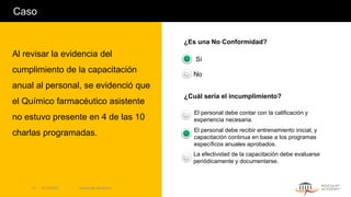 Caso
Al revisar la evidencia del
cumplimiento de la capacitación
anual al personal, se evidenció que
el Químico farmacéutico asistente
no estuvo presente en 4 de las 10
charlas programadas.
¿Es una No Conformidad?
Sí
No
¿Cuál sería el incumplimiento?
El personal debe contar con la calificación y
experiencia necesaria.
El personal debe recibir entrenamiento inicial, y
capacitación continua en base a los programas
específicos anuales aprobados.
La efectividad de la capacitación debe evaluarse
periódicamente y documentarse.
5/13/2022 | Aesculap Academy
13
 