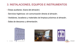 3. INSTALACIONES, EQUIPOS E INSTRUMENTOS
• Áreas auxiliares: (fuera del almacén)
‐ Servicios higiénicos: sin comunicación directa al almacén.
‐ Vestidores, lavaderos y materiales de limpieza próximos al almacén.
‐ Salas de descanso y alimentación.
5/13/2022 | Aesculap Academy
19
 