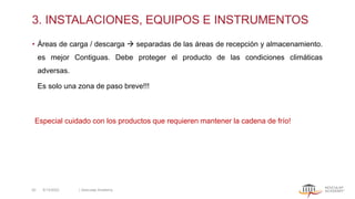 3. INSTALACIONES, EQUIPOS E INSTRUMENTOS
• Áreas de carga / descarga → separadas de las áreas de recepción y almacenamiento.
es mejor Contiguas. Debe proteger el producto de las condiciones climáticas
adversas.
Es solo una zona de paso breve!!!
Especial cuidado con los productos que requieren mantener la cadena de frío!
5/13/2022 | Aesculap Academy
20
 