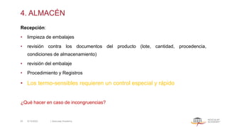 4. ALMACÉN
Recepción:
• limpieza de embalajes
• revisión contra los documentos del producto (lote, cantidad, procedencia,
condiciones de almacenamiento)
• revisión del embalaje
• Procedimiento y Registros
• Los termo-sensibles requieren un control especial y rápido
¿Qué hacer en caso de incongruencias?
5/13/2022 | Aesculap Academy
25
 