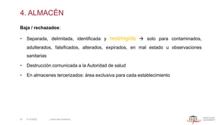 4. ALMACÉN
Baja / rechazados:
• Separada, delimitada, identificada y restringida → solo para contaminados,
adulterados, falsificados, alterados, expirados, en mal estado u observaciones
sanitarias
• Destrucción comunicada a la Autoridad de salud
• En almacenes tercerizados: área exclusiva para cada establecimiento
5/13/2022 | Aesculap Academy
32
 