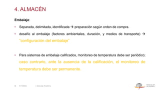 4. ALMACÉN
Embalaje:
• Separada, delimitada, identificada → preparación según orden de compra.
• desafío al embalaje (factores ambientales, duración, y medios de transporte) →
“configuración del embalaje”
• Para sistemas de embalaje calificados, monitoreo de temperatura debe ser periódico;
caso contrario, ante la ausencia de la calificación, el monitoreo de
temperatura debe ser permanente.
5/13/2022 | Aesculap Academy
34
 
