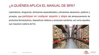 ¿A QUIÉNES APLICA EL MANUAL DE BPA?
Laboratorios, droguerías, almacenes especializados y almacenes aduaneros, públicos y
privados, que participan en cualquier aspecto y etapa del almacenamiento de
productos farmacéuticos, dispositivos médicos y productos sanitarios, así como aquellos
que requieran cadena de frío.
5/13/2022 | Aesculap Academy
4
 