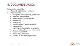 5. DOCUMENTACIÓN
Documentos requeridos:
a. Manual de organización y funciones
b. Procedimientos:
• recepción, almacenamiento, distribución
• reclamos, devoluciones
• retiro de productos del mercado
• eliminación
• inventarios
• autoinspección / “auditoría interna”
• capacitación
• control y monitoreo de las temperaturas
• programa de calibración de instrumentos
• desviaciones / CAPA
• transporte y distribución
• “control de documentos y registros”
5/13/2022 | Aesculap Academy
42
 