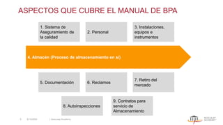 ASPECTOS QUE CUBRE EL MANUAL DE BPA
4. Almacén (Proceso de almacenamiento en sí)
1. Sistema de
Aseguramiento de
la calidad
2. Personal
3. Instalaciones,
equipos e
instrumentos
5. Documentación 6. Reclamos
7. Retiro del
mercado
8. Autoinspecciones
9. Contratos para
servicio de
Almacenamiento
5/13/2022 | Aesculap Academy
5
 