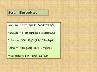 Serum Electrolytes
Sodium : 131mEq/L (135-147mEq/L)
Potassium 3.5mEq/L (3.5-5.2mEq/L)
Chlorides 106mEq/L (95-107mEq/L)
Calcium 9.0mg/dl(8.8-10.2mg/dl)
Magnesium: 1.9 mg/dl(1.8-2.9)
 