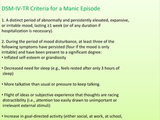 DSM-IV-TR Criteria for a Manic Episode
1. A distinct period of abnormally and persistently elevated, expansive,
or irritable mood, lasting ≥1 week (or of any duration if
hospitalization is necessary).
2. During the period of mood disturbance, at least three of the
following symptoms have persisted (four if the mood is only
irritable) and have been present to a significant degree:
• Inflated self-esteem or grandiosity
• Decreased need for sleep (e.g., feels rested after only 3 hours of
sleep)
• More talkative than usual or pressure to keep talking.
• Flight of ideas or subjective experience that thoughts are racing
distractibility (i.e., attention too easily drawn to unimportant or
irrelevant external stimuli)
• Increase in goal-directed activity (either social, at work, at school,
 
