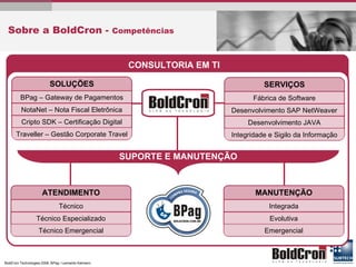 Sobre a BoldCron -  Competências CONSULTORIA EM TI SOLUÇÕES BPag – Gateway de Pagamentos NotaNet – Nota Fiscal Eletrônica Cripto SDK – Certificação Digital Traveller – Gestão Corporate Travel SUPORTE E MANUTENÇÃO ATENDIMENTO Técnico Técnico Especializado Técnico Emergencial MANUTENÇÃO Integrada Evolutiva Emergencial SERVIÇOS Fábrica de Software Desenvolvimento SAP NetWeaver Desenvolvimento JAVA Integridade e Sigilo da Informação 