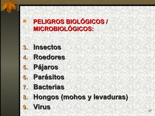 PELIGROS BIOLÓGICOS / MICROBIOLÓGICOS: Insectos Roedores Pájaros Parásitos  Bacterias Hongos (mohos y levaduras) Virus  