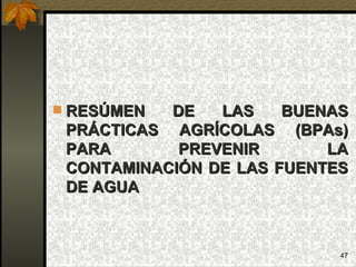 RESÚMEN DE LAS BUENAS PRÁCTICAS AGRÍCOLAS (BPAs) PARA PREVENIR LA CONTAMINACIÓN DE LAS FUENTES DE AGUA 