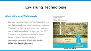 Allgemeines zur Technologie
Erklärung Technologie
Die Verbundschicht einer FBV-Bahn stellt mit
der Betonrandzone einen Hinterlauf sicheren
Verbund zur Betonkonstruktion her, so dass
selbst bei lokalen Beschädigungen des FBV-
Systems kein Wassertransport zu einem
benachbarten Trennriss erfolgt.
(Vorwegnahme der Rissinjektion bei
fehlender Zugänglichkeit)
Hinterlaufschutz nach
DIN EN 12390-8
ASTM D 5385
DIN EN 1928 (modifiziert)
 
