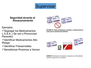 Seguridad durante el
Almacenamiento
Ejemplos:
Segregar los Medicamentos
L.A.S.A. ( Se ven o Pronuncian
Parecido)
Identificar Medicamentos Alto
Riesgo
Identificar Fotosensibles
Semaforizar Proximos a Vencer
Supervisar
 