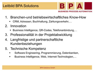 Leitbild BPA Solutions
1. Branchen-und betriebswirtschaftliches Know-How
 CRM, Adressen, Buchhaltung, Zahlungsverkehr,…
2. Innovation
 Business Intelligence, QR-Codes, Telefonanbindung,…
3. Professionalität in der Projektabwicklung
4. Langfristige und partnerschaftliche
Kundenbeziehungen
5. Technische Kompetenz
 Software Engineering, Programmierung, Datenbanken,
 Business Intelligence, Web, Internet-Technologien,…
BPA Solutions GmbH
 