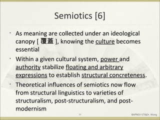 Semiotics [6]
• As meaning are collected under an ideological
canopy [ 覆蓋 ], knowing the culture becomes
essential
• Within a given cultural system, power and
authority stabilize floating and arbitrary
expressions to establish structural concreteness.
• Theoretical influences of semiotics now flow
from structural linguistics to varieties of
structuralism, post-structuralism, and post-
modernism
BAPM311|T6|Dr. Wong11
 