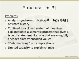 Structuralism [3]
Problems
1. Analysis synchronic [ 只涉及某一特定時期 ],
obviates history
2. Confined to a closed system of meanings.
Explanation is a semantic process that gives a
type of statement like: one that meaningfully
encodes already encoded values
3. “Dehumanizing” in its implications
4. Limited capacity to explain change
BAPM311|T6|Dr. Wong15
 