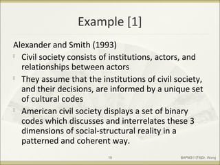 Example [1]
Alexander and Smith (1993)

Civil society consists of institutions, actors, and
relationships between actors

They assume that the institutions of civil society,
and their decisions, are informed by a unique set
of cultural codes

American civil society displays a set of binary
codes which discusses and interrelates these 3
dimensions of social-structural reality in a
patterned and coherent way.
BAPM311|T6|Dr. Wong19
 