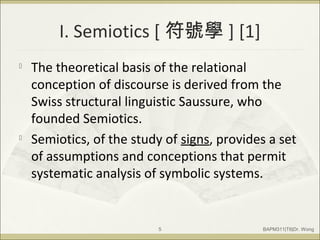 I. Semiotics [ 符號學 ] [1]

The theoretical basis of the relational
conception of discourse is derived from the
Swiss structural linguistic Saussure, who
founded Semiotics.

Semiotics, of the study of signs, provides a set
of assumptions and conceptions that permit
systematic analysis of symbolic systems.
BAPM311|T6|Dr. Wong5
 