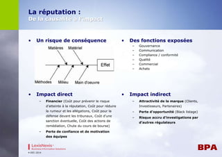 La réputation : 
De la causalité à l’impact 
• Un risque de conséquence • Des fonctions exposées 
– Gouvernance 
– Communication 
– Compliance / conformité 
– Qualité 
– Commercial 
– Achats 
• Impact direct 
– Financier (Coût pour prévenir le risque 
d’atteinte à la réputation, Coût pour réduire 
la rumeur et les allégations, Coût pour la 
défense devant les tribunaux, Coût d’une 
sanction éventuelle, Coût des actions de 
remédiation, Chute du cours de bourse) 
– Perte de confiance et de motivation 
des équipes 
• Impact indirect 
– Attractivité de la marque (Clients, 
Investisseurs, Partenaires) 
– Perte d’opportunité (Black listage) 
– Risque accru d’investigations par 
d’autres régulateurs 
4-DEC-2014 
 