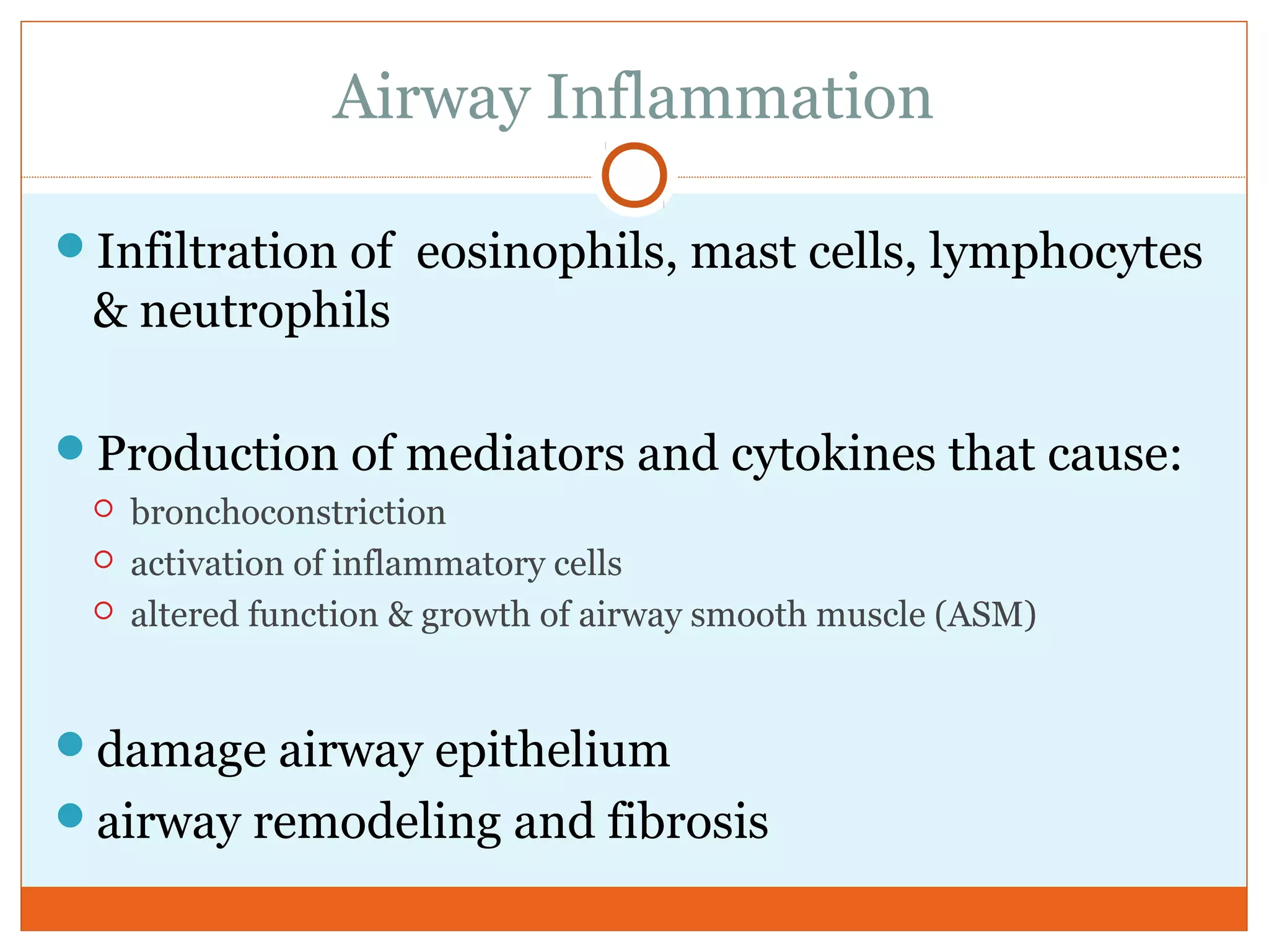 Airway Inflammation
Infiltration of eosinophils, mast cells, lymphocytes
& neutrophils
Production of mediators and cytokines that cause:
 bronchoconstriction
 activation of inflammatory cells
 altered function & growth of airway smooth muscle (ASM)
damage airway epithelium
airway remodeling and fibrosis
 