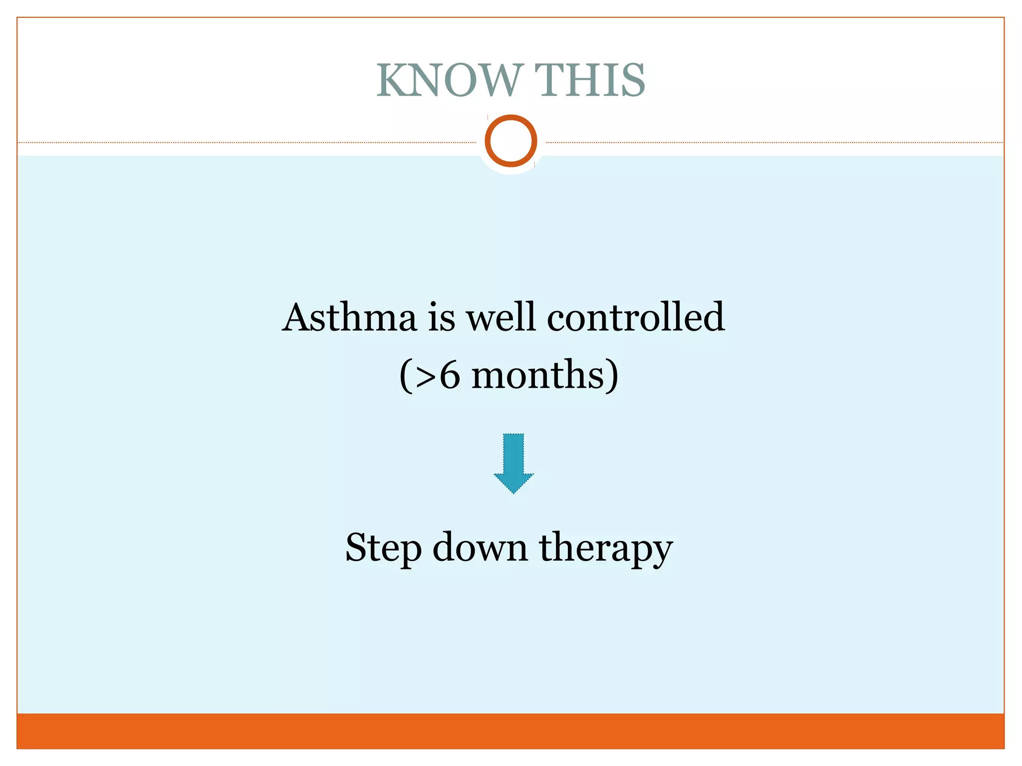 KNOW THIS
Asthma is well controlled
(>6 months)
Step down therapy
 