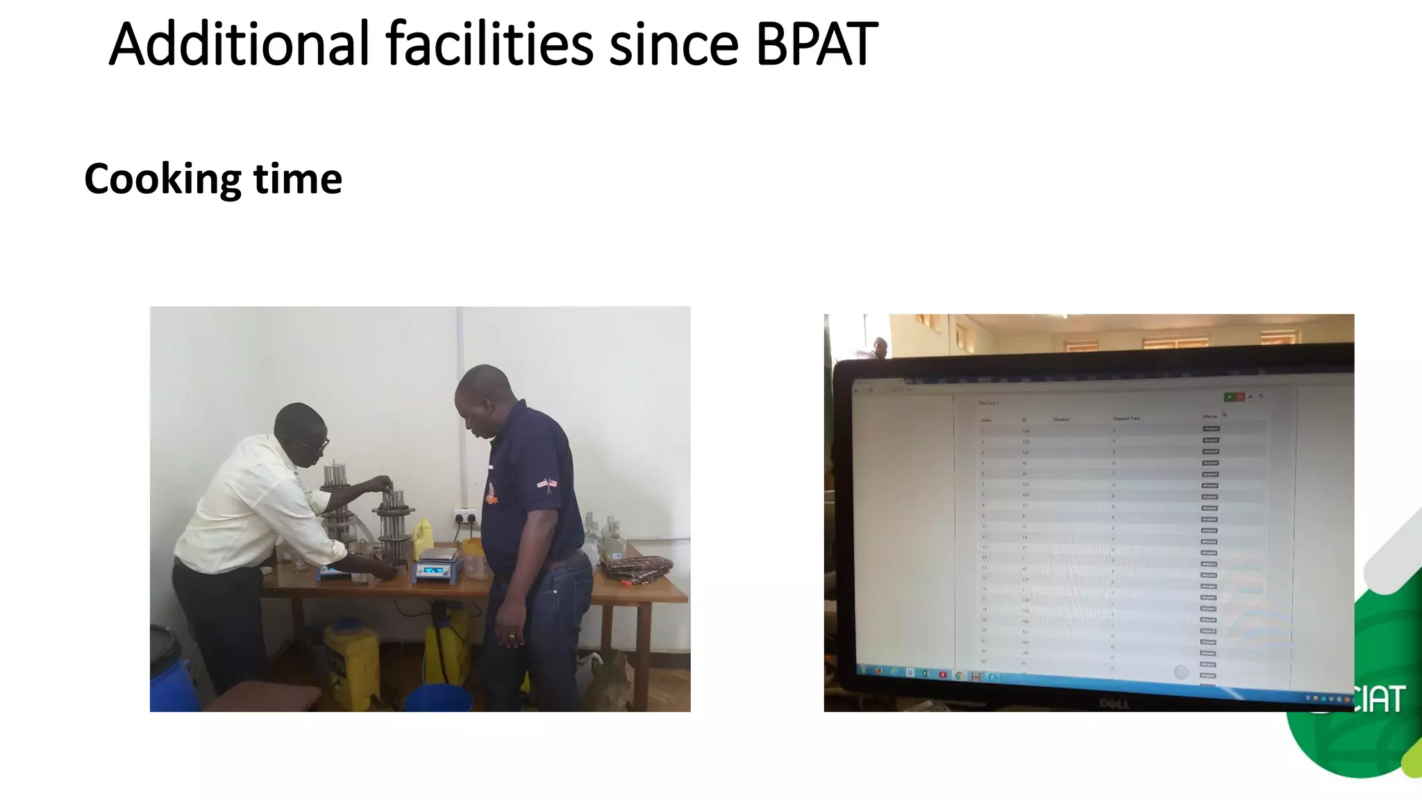 Additional facilities since BPAT
Cooking time
 