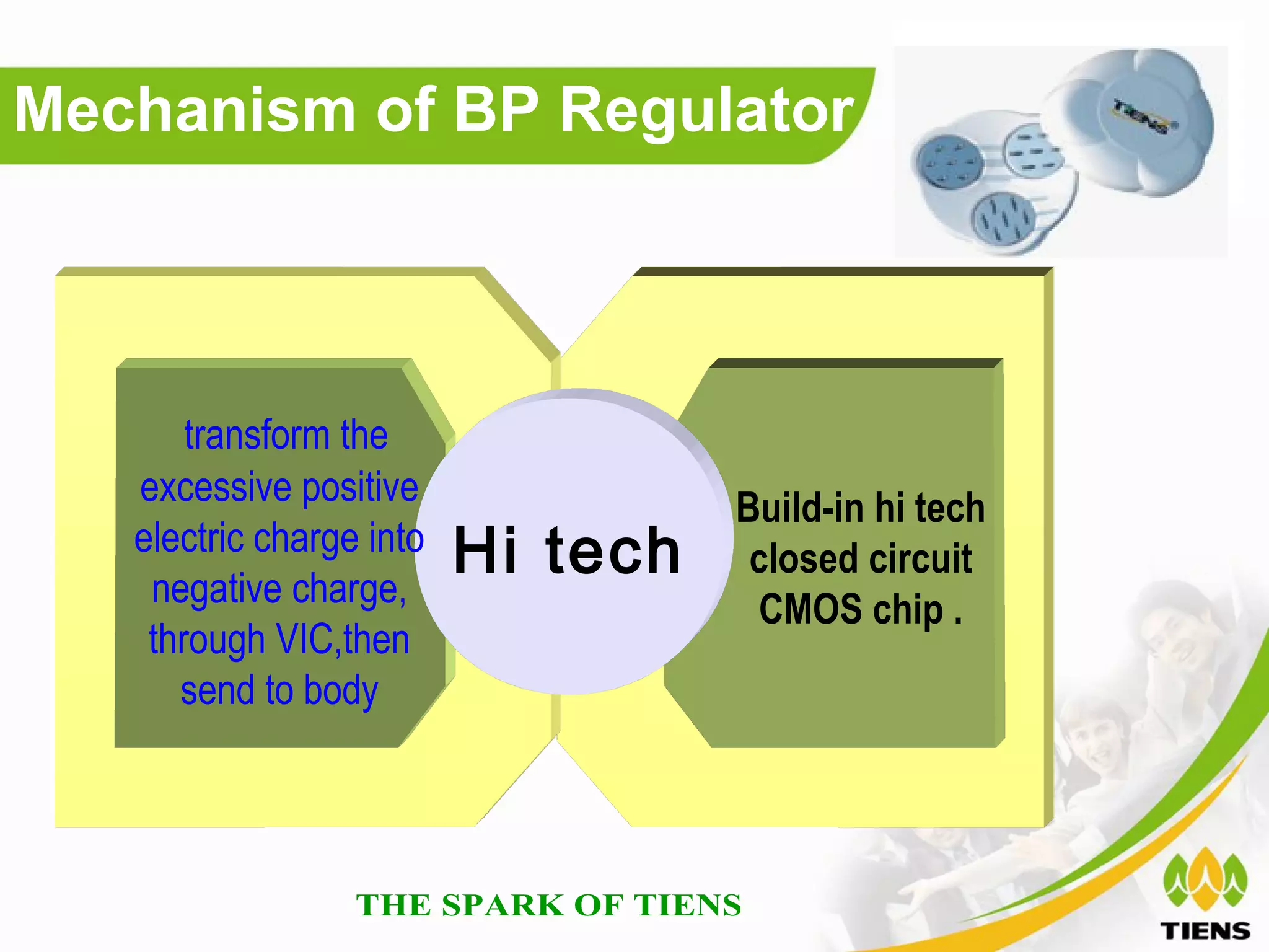 Mechanism of BP Regulator




       transform the
   excessive positive               Build-in hi tech
   electric charge into
    negative charge,
                          Hi tech    closed circuit
                                     CMOS chip .
    through VIC,then
      send to body
 
